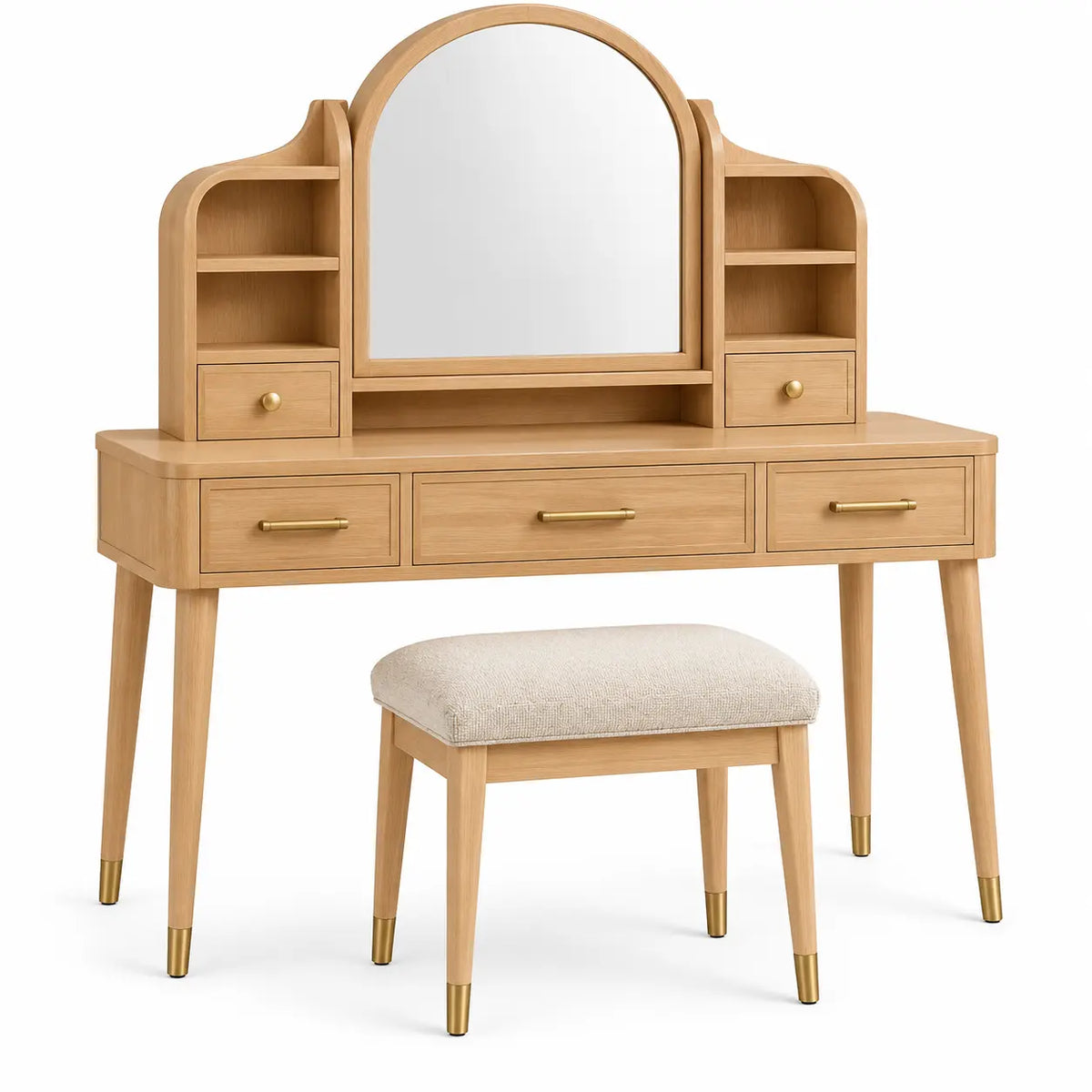 Tocador con espejo con formas arqueadas y estantes, marrón y beige - portabletableco