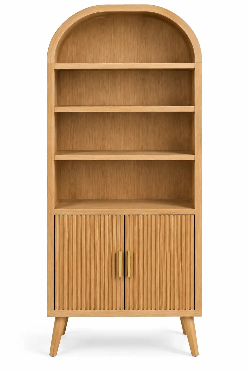 Estantería con almacenamiento con formas arqueadas y detalles de líneas verticales, marrón