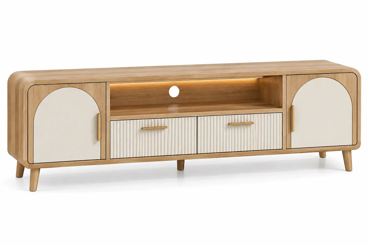 Mueble bajo para televisión con formas arqueadas y estantes, marrón y blanco