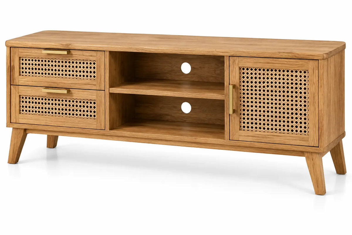 Mueble bajo para televisión con detalles de entramado y estantes, marrón - portabletableco