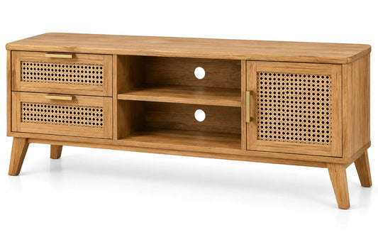 Mueble bajo para televisión con detalles de entramado y estantes, marrón - portabletableco