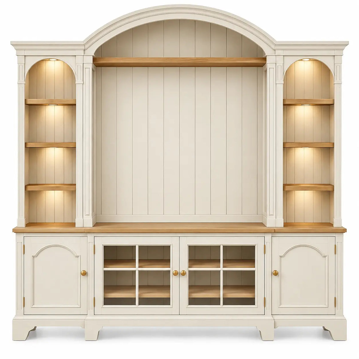 Mueble de salón con estantes y espacio central con formas arqueadas y estantes, blanco y marrón