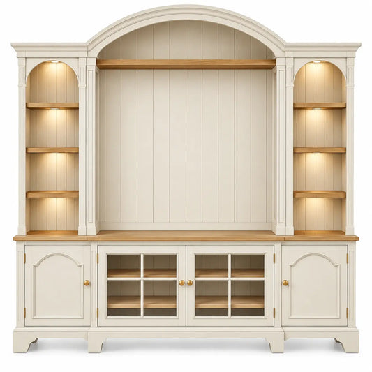 Mueble de salón con estantes y espacio central con formas arqueadas y estantes, blanco y marrón - portabletableco