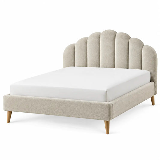 Estructura de cama con cabecero de contorno redondeado, beige y marrón - portabletableco