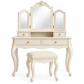 Tocador con espejo de tres secciones, blanco y beige - portabletableco