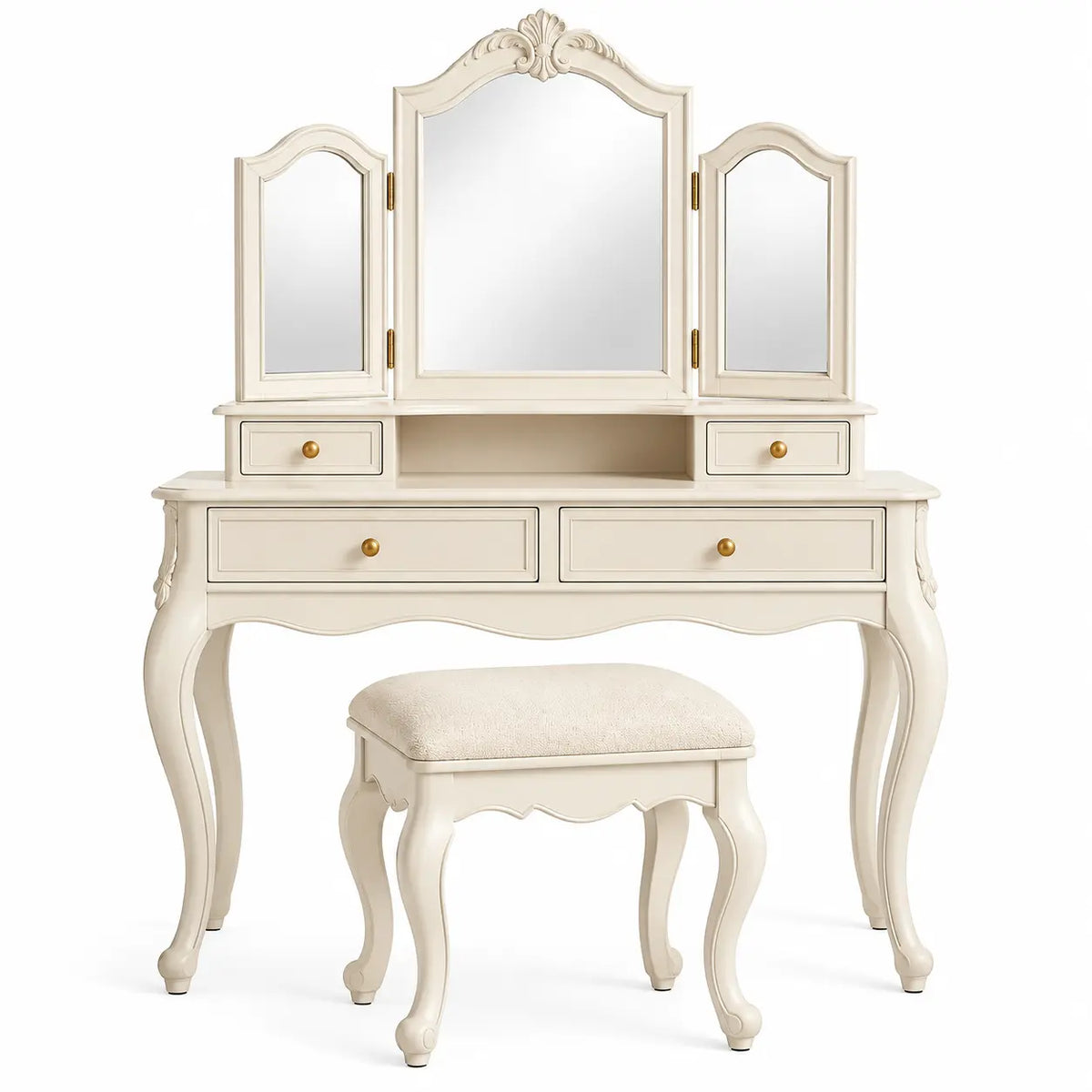 Tocador con espejo de tres secciones, blanco y beige