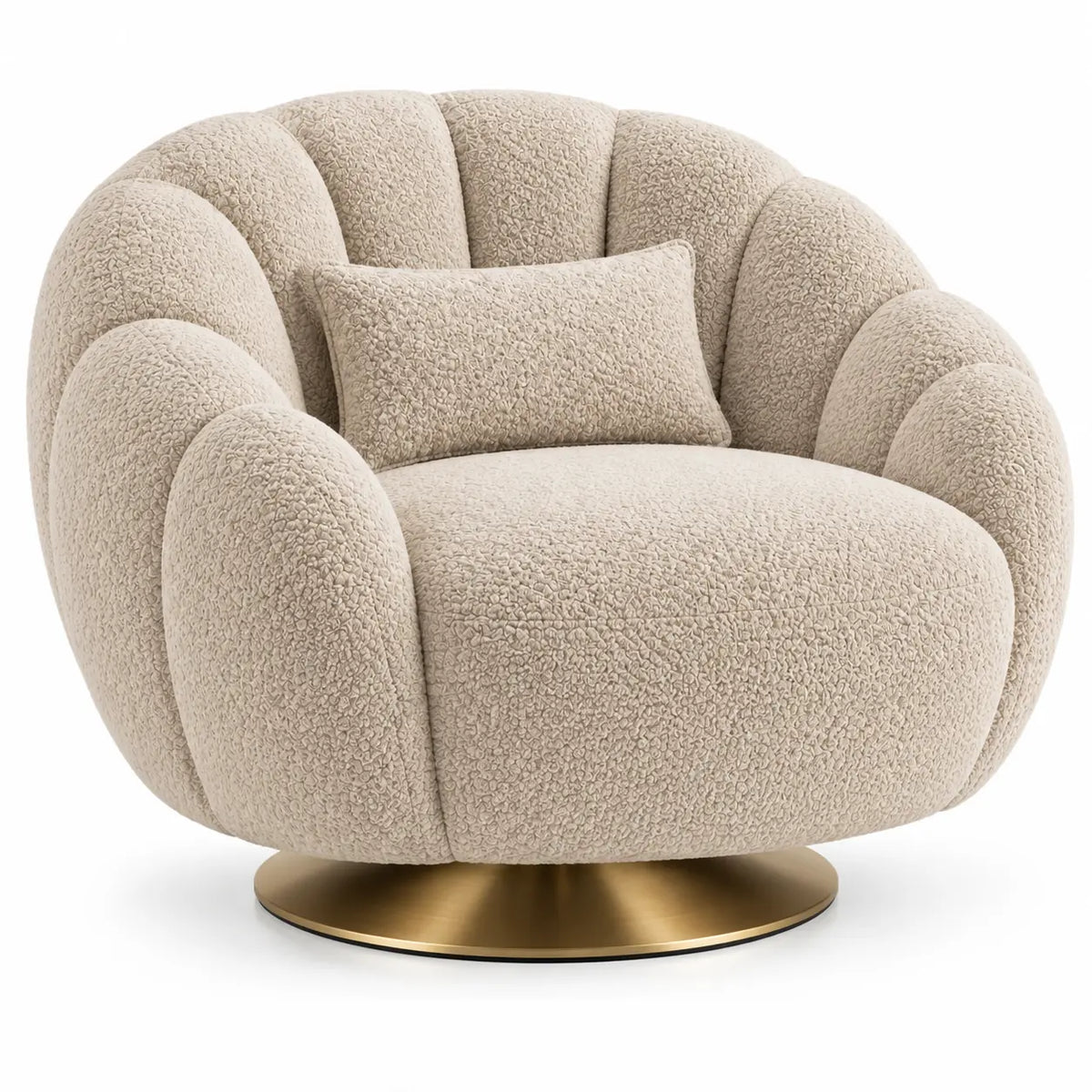 Sillón tapizado de líneas curvas con acolchado acanalado, beige y dorado - portabletableco