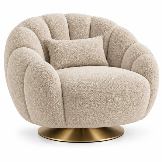 Sillón tapizado de líneas curvas con acolchado acanalado, beige y dorado - portabletableco