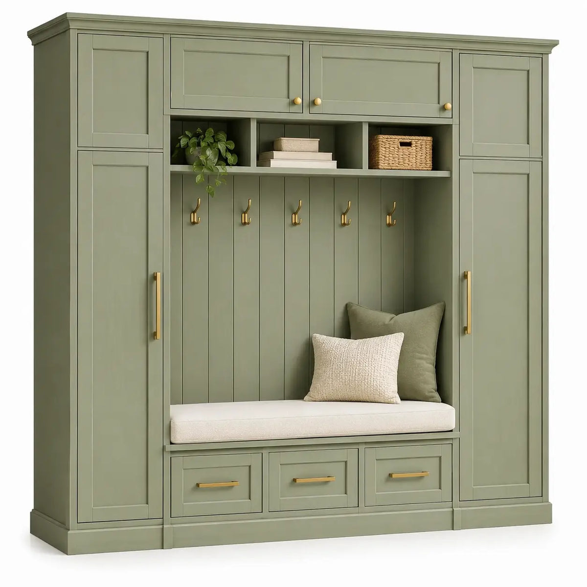 Mueble de recibidor con cajones y estantes, verde - portabletableco