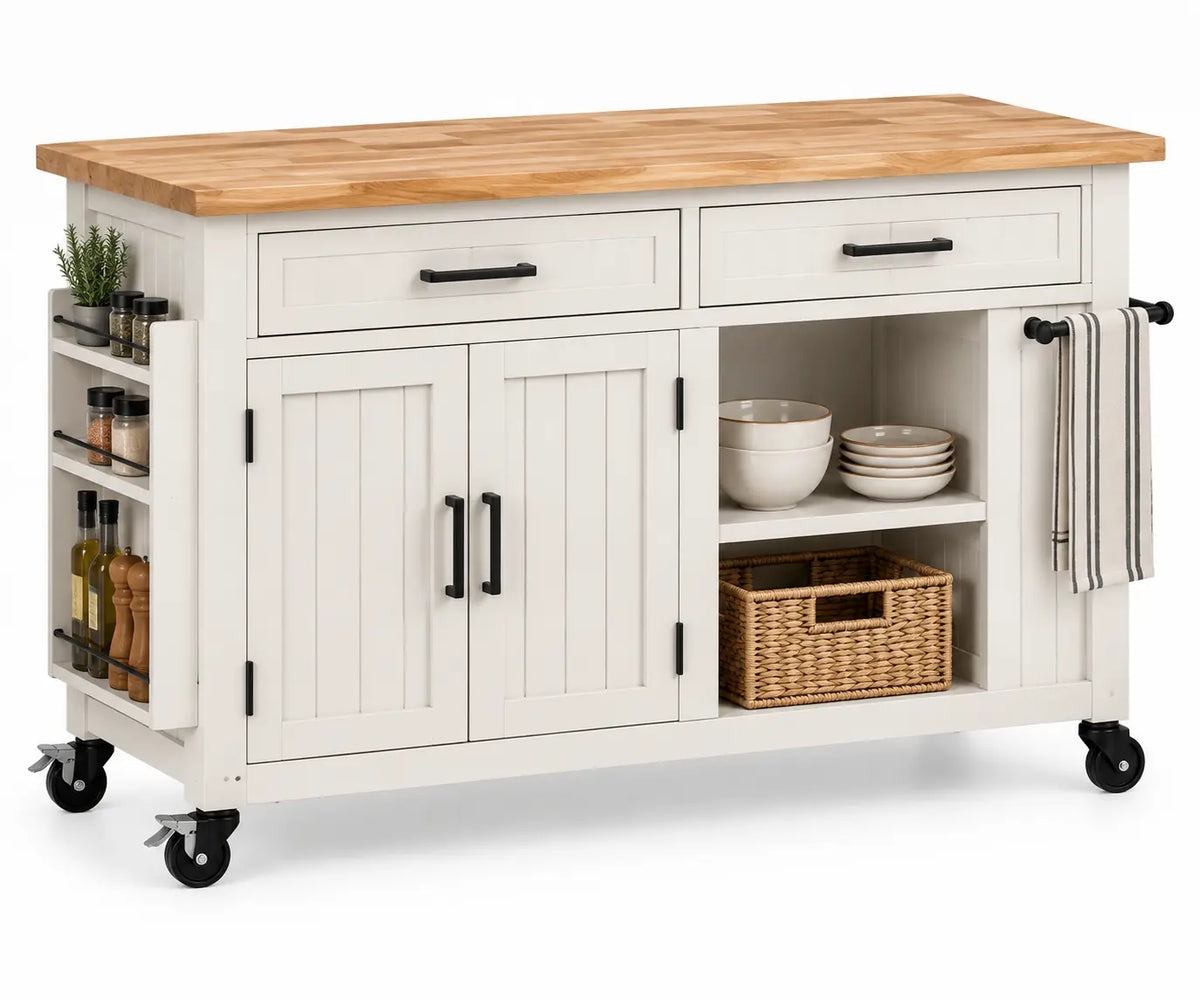 Mueble auxiliar de cocina con ruedas con cajones y estantes, blanco y marrón